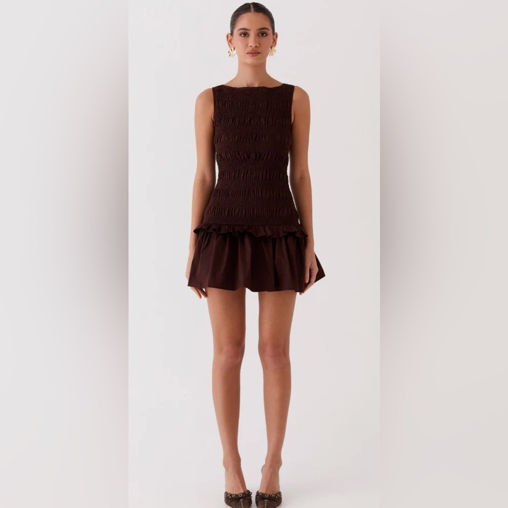 NWT Peppermayo Exclusive - Garden Kisses Shirred Mini Dress - Chocolate, Size 6 - Picture 1 of 15
